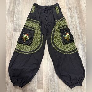 Himalaya Handmade Harem Cargo Black Embroidered Mushroom Cotton Joggers Unisex